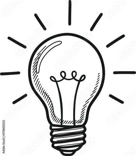 Hand drawn sketch of a glowing light bulb symbolizing a bright idea isolated on white background