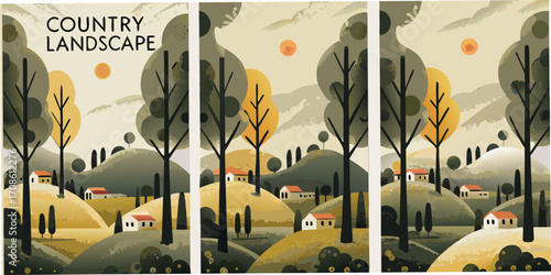 Stylized countryside landscape with hills trees and houses under a warm sun