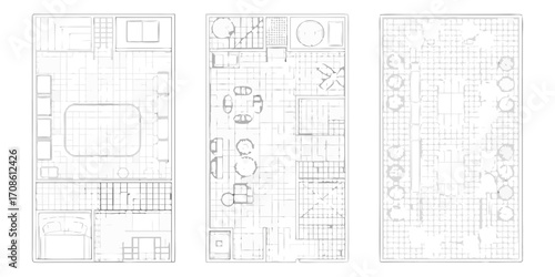 Architectural floor plans showing interior layouts and an exterior garden design in a minimalist line drawing style