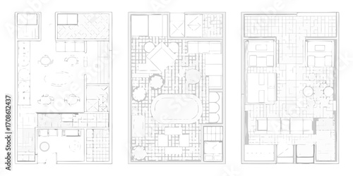Top down architectural floor plan sketches of three different interior spaces with furniture layouts
