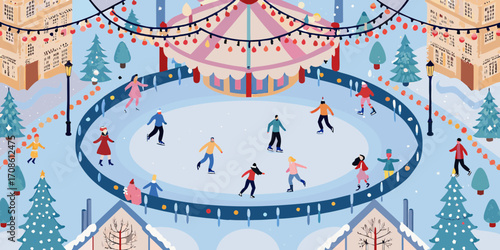 Charming winter ice skating rink scene with carousel and festive lights