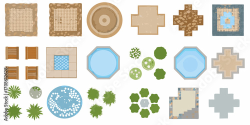Collection of top down garden elements and architectural features for landscape design projects