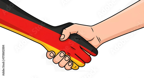 Two hands shaking painted in German flag colors.