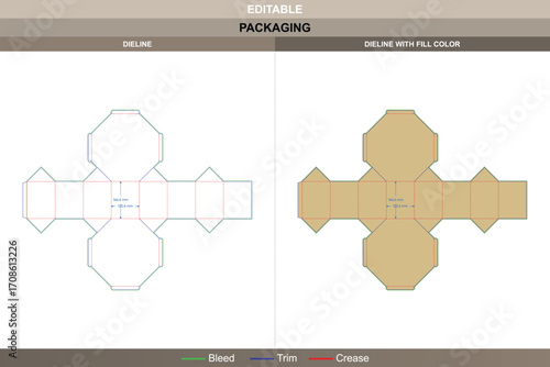 Regular octagon tuck end box dieline in custom dimensions, editable carton packaging template for branding and folding design with detailed professional die line