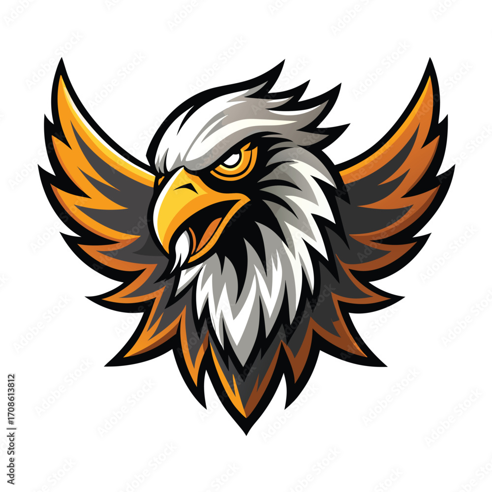 Fototapeta premium Cartoon vector illustration of a majestic eagle mascot with wings and a shield, symbolizing freedom and power