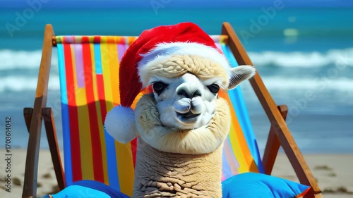A fluffy alpaca with brown eyes wears a red Santa hat video of while lounging on a blue-cushioned wooden beach chair by gentle waves under a clear sky, relaxed and serene