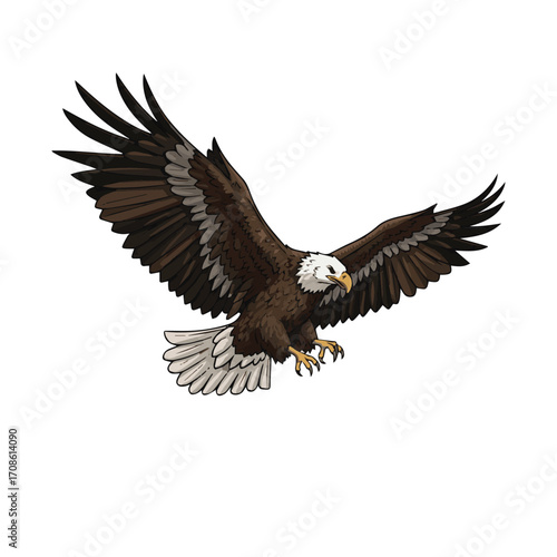 A powerful American bald eagle, a magnificent bird of prey, soars through the sky with its white head and wings in full flight