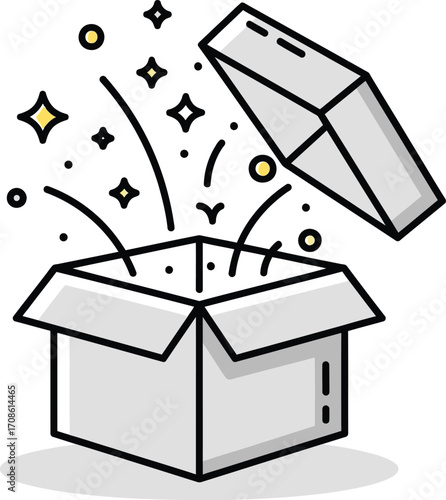 Open gift box with sparkles and confetti emerging isolated on white background