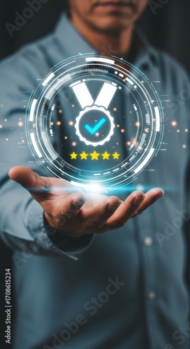 Man holding a glowing badge with checkmark and stars, symbolizing quality and excellence