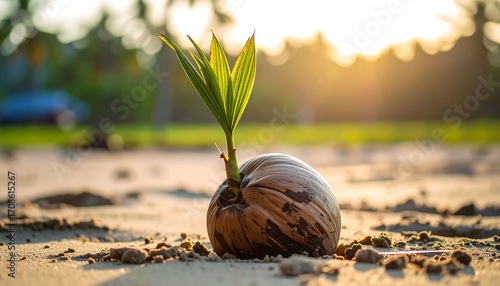 A coconut sprout on a sandy beach with the sun setting in the background