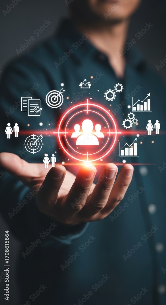 Naklejka premium Hand holding glowing target with people icons and business analytics symbols