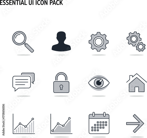 Collection of essential user interface icons for web and app design isolated on white background
