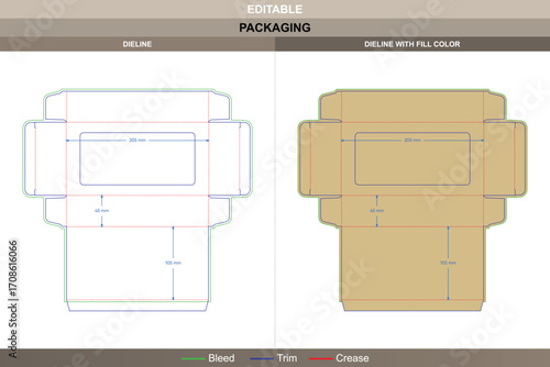 Sweet box with window dieline for packaging design, editable confectionery carton template with fold lines and branding options created using accurate die line