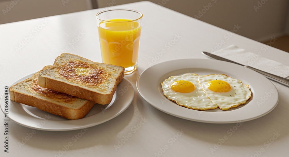 Fototapeta premium Wholesome and appetizing morning breakfast plate with classic sunny-side up eggs, creative egg-in-a-hole toast, and a refreshing glass of orange juice