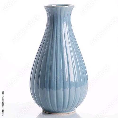 Title:
Light blue ceramic vase with teardrop shape and vertical grooves