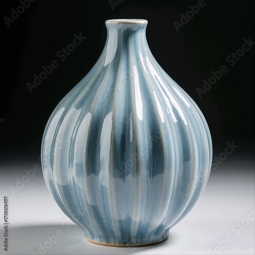 Title:
Blue ceramic vase with pumpkin-like round shape and vertical grooves