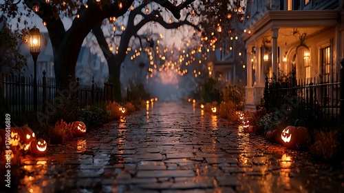 Fototapeta Naklejka Na Ścianę i Meble -  Jackolanterns glowing bright on halloween night high resolution picture