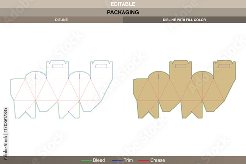 Triangular polygonal box dieline in custom dimensions, editable carton vector template for creative packaging design with folds and precise die line layout