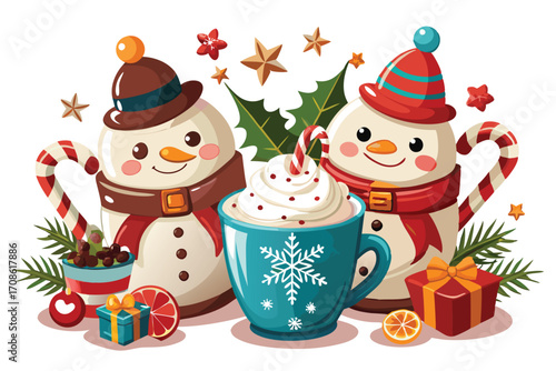 cheerful snowmen next to christmas cocoa mugs with candy