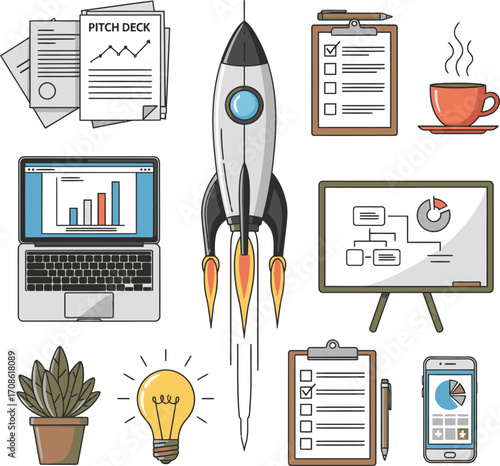 Startup business concept elements including a rocket launching and business documents isolated on white background