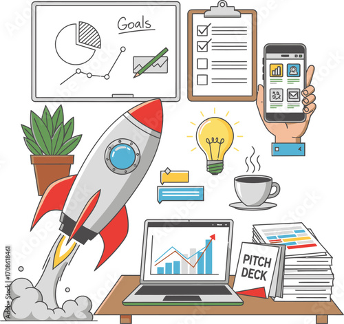 Startup business launch concept with rocket laptop and pitch deck isolated on white background