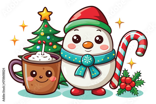 cute snowman characters beside christmas hot choco