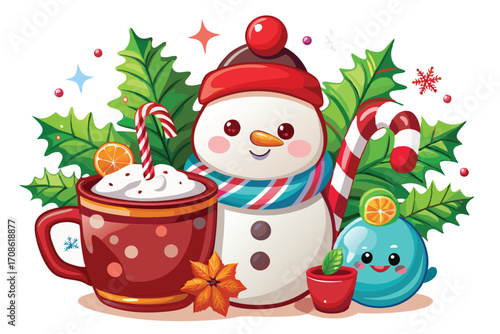 cute snowman characters beside christmas hot choco