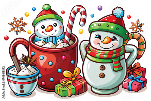 cute snowman characters beside christmas hot choco