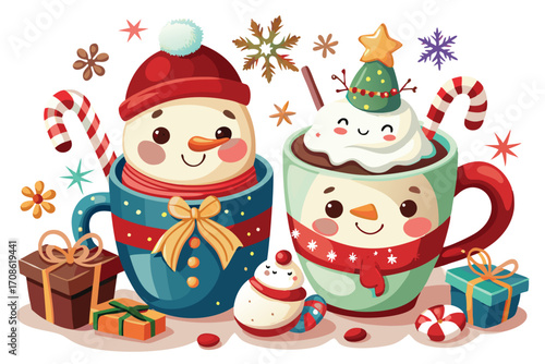 cute snowman figures standing beside holiday hot
