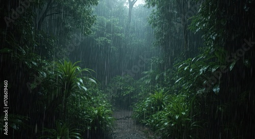 Lush rainforest path, heavy rain
