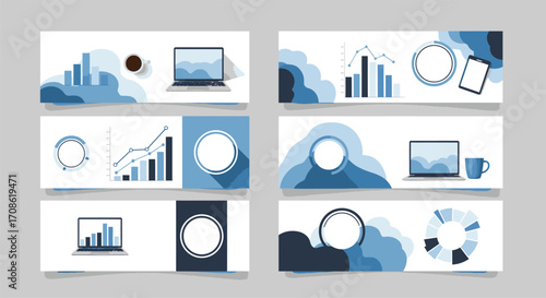 Collection of business and data analysis graphics with charts and laptops isolated on white background