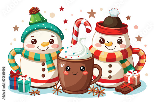 cute snowman figures standing beside holiday hot