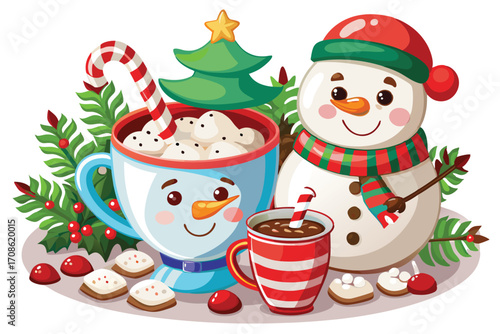 jolly snowmen beside christmas hot chocolate with candy