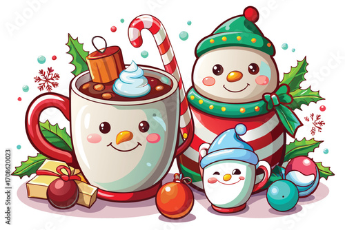jolly snowmen beside christmas hot chocolate with candy