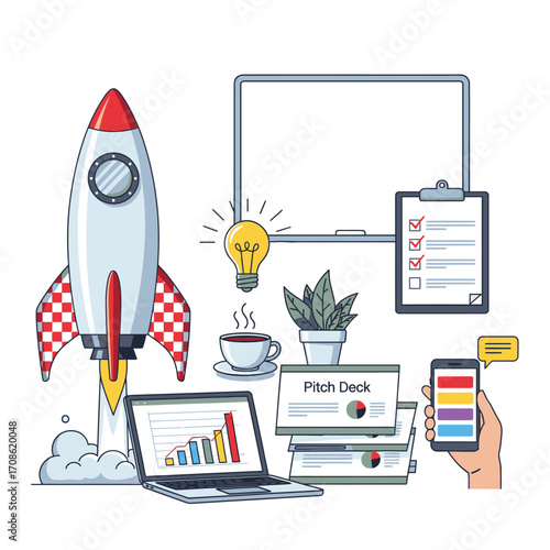 Startup launch concept with rocket idea plan and launch on whiteboard isolated on white background