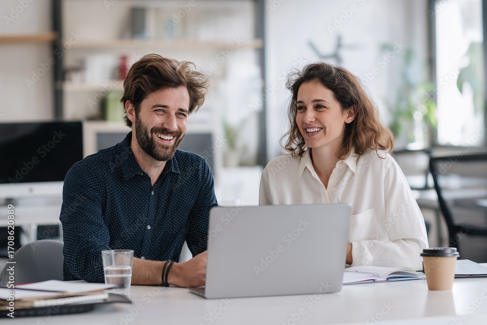 custom made wallpaper toronto digitalTwo smiling colleagues, man and woman, are working together at a desk with a laptop, discussing a project in a modern office setting. Happy business people collaborating and discussing ideas.
