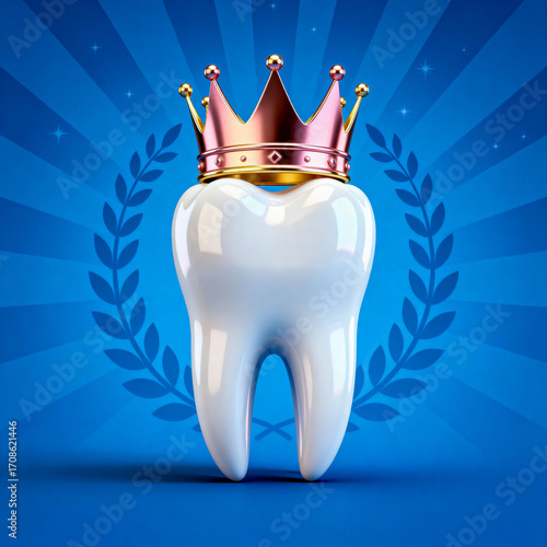 Premium dental care concept showing a perfect white tooth with a golden crown on a blue background. Best dentist award symbol.