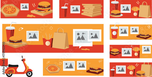 Collection of fast food items and delivery scooter isolated on white background