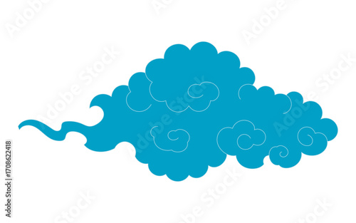 Traditional Asian cloud, cumulus cloud, line drawing, blue, isolated on transparent. Hand drawn vector illustration. Buddhist thangka art. Chinese, Japanese, Korean design element, clip art