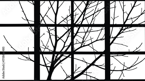 Black bare tree branches silhouetted against a white background divided into a grid bare branches black and white