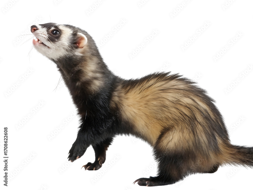 Alert Ferret Standing Isolated on Black Background Full Body Shot