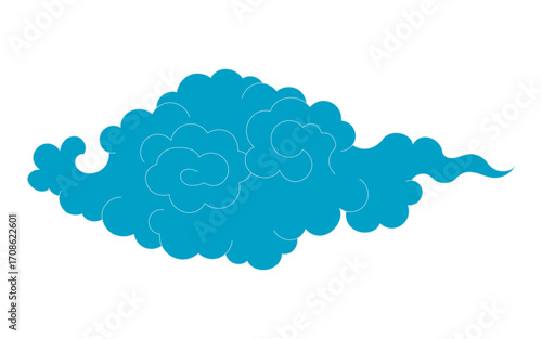 Traditional Asian cloud, cumulus cloud, line drawing, blue, isolated on transparent. Hand drawn vector illustration. Buddhist thangka art. Chinese, Japanese, Korean design element, clip art