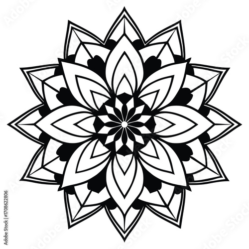Intricate black and white mandala design with geometric patterns and floral elements