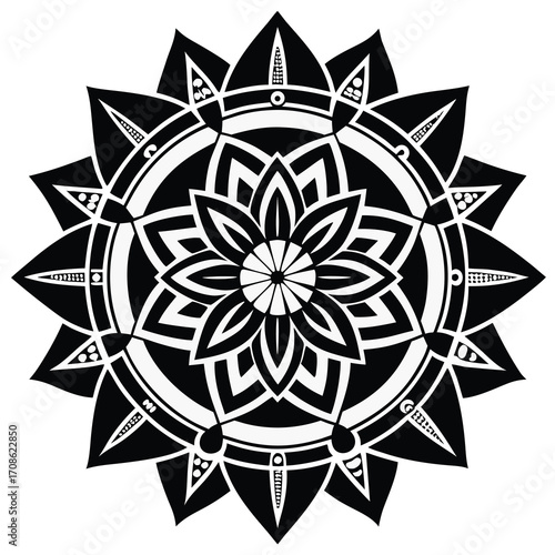 Intricate black and white mandala design with geometric patterns and spiritual symbolism