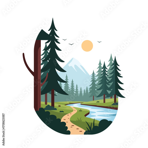 A serene forest landscape with a winding path by a river, mountains in the background, and a sunny sky.