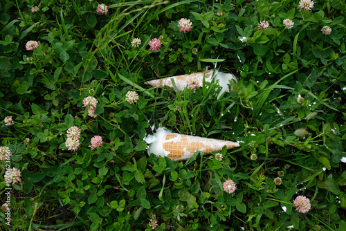 Two  ice cream cones hidden among the flowers. 