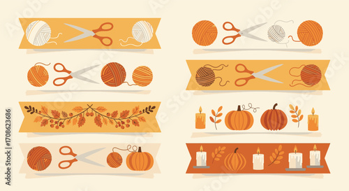 Autumn themed crafting and decor elements featuring yarn scissors pumpkins and candles isolated on white background