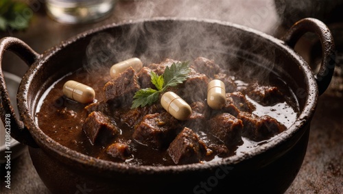 Casablanca Tanjia Beef in Rich Spice Gravy, Steam Rising, Capsules Floating in Clay Pot Top Down Comfort Food