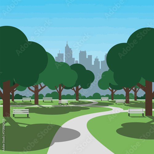 City park landscape with winding path, benches, and large trees.