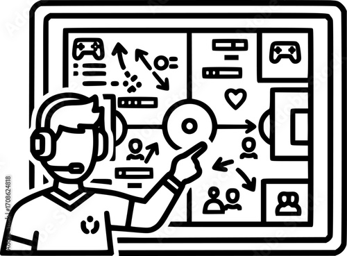 Gaming coach with tactics board outline icon vector
